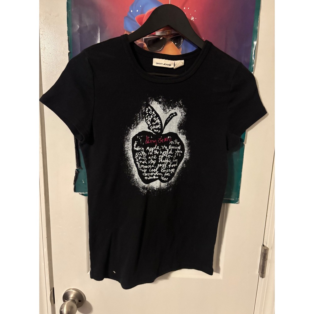 DKNY Jeans Womens Black Big Apple NYC y2k T-Shirt Short Sleeve Size L